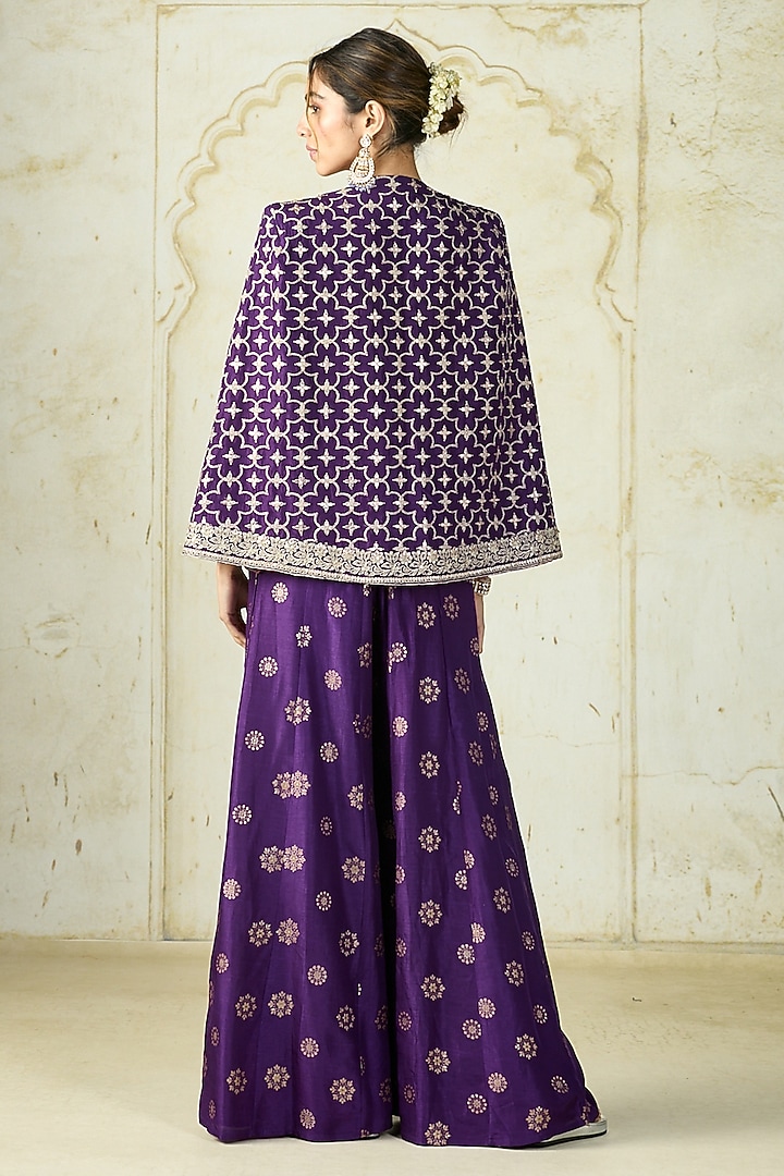 Purple Tussar Embroidered Cape Jacket Set by GOPI VAID at Pernia's Pop Up Shop