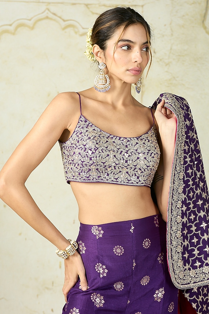 Purple Tussar Embroidered Cape Jacket Set by GOPI VAID at Pernia's Pop Up Shop