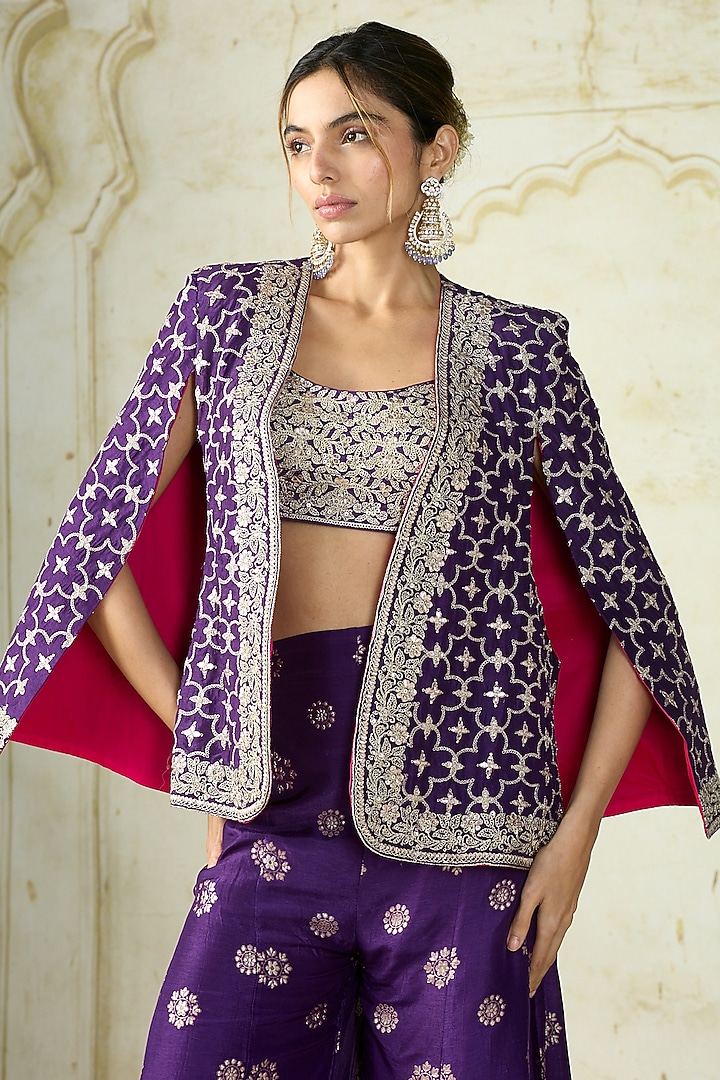 Purple Tussar Embroidered Cape Jacket Set by GOPI VAID at Pernia's Pop Up Shop