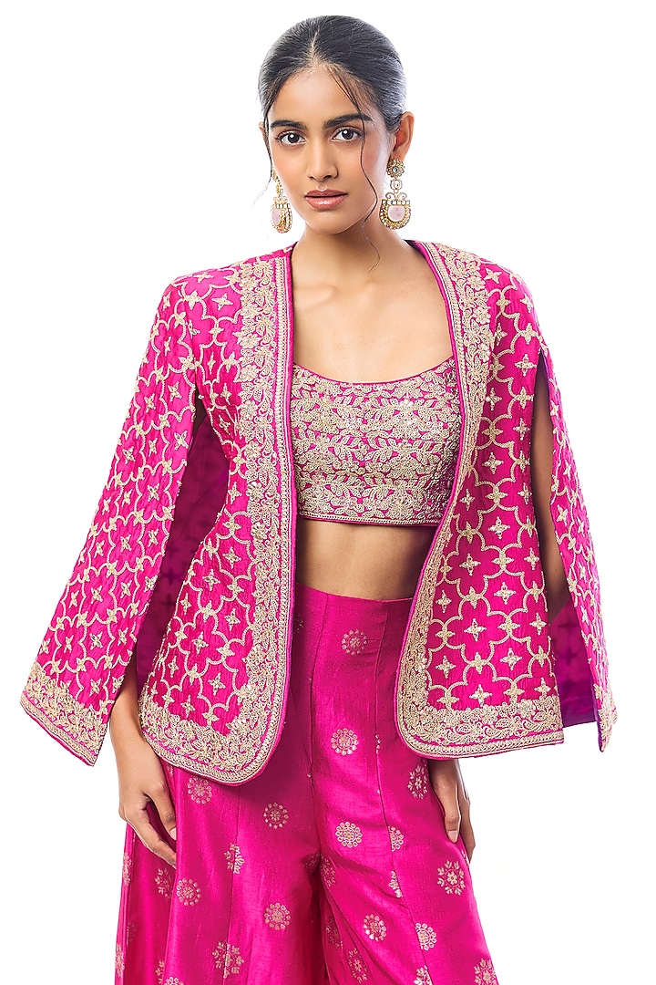 Rani Pink Tussar Palazzo Pant Set by GOPI VAID at Pernia's Pop Up Shop