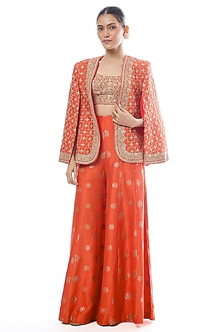 Orange Tussar Embroidered Jacket Set by GOPI VAID
