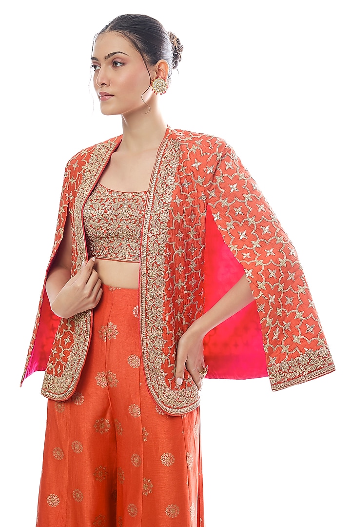 Orange Tussar Embroidered Jacket Set by GOPI VAID at Pernia's Pop Up Shop
