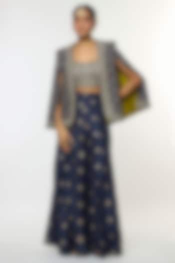 Blue Tussar Embroidered Wide-Leg Palazzo Set by GOPI VAID at Pernia's Pop Up Shop