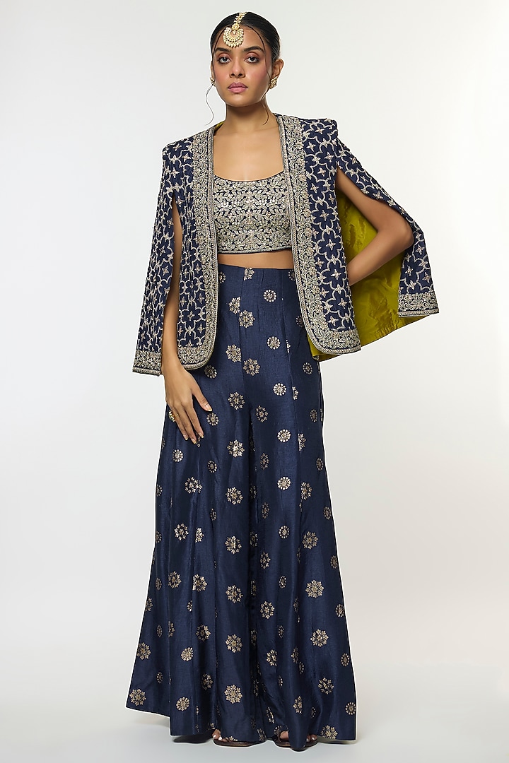 Blue Tussar Embroidered Wide-Leg Palazzo Set by GOPI VAID at Pernia's Pop Up Shop