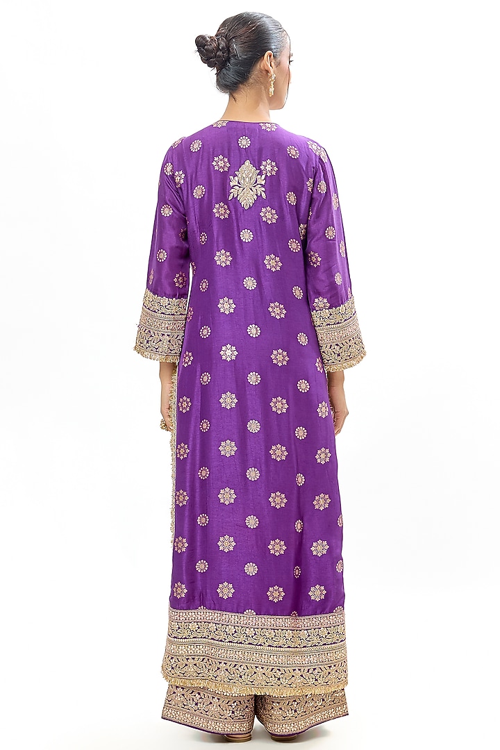 Purple Tussar Motif Embroidered Kurta Set by GOPI VAID at Pernia's Pop Up Shop
