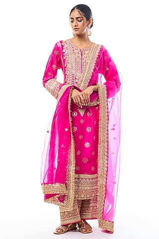 Rani Pink Tussar Embellished Kurta Set by GOPI VAID