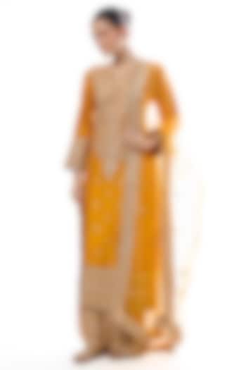 Yellow Tussar Motif Embroidered Kurta Set by GOPI VAID at Pernia's Pop Up Shop