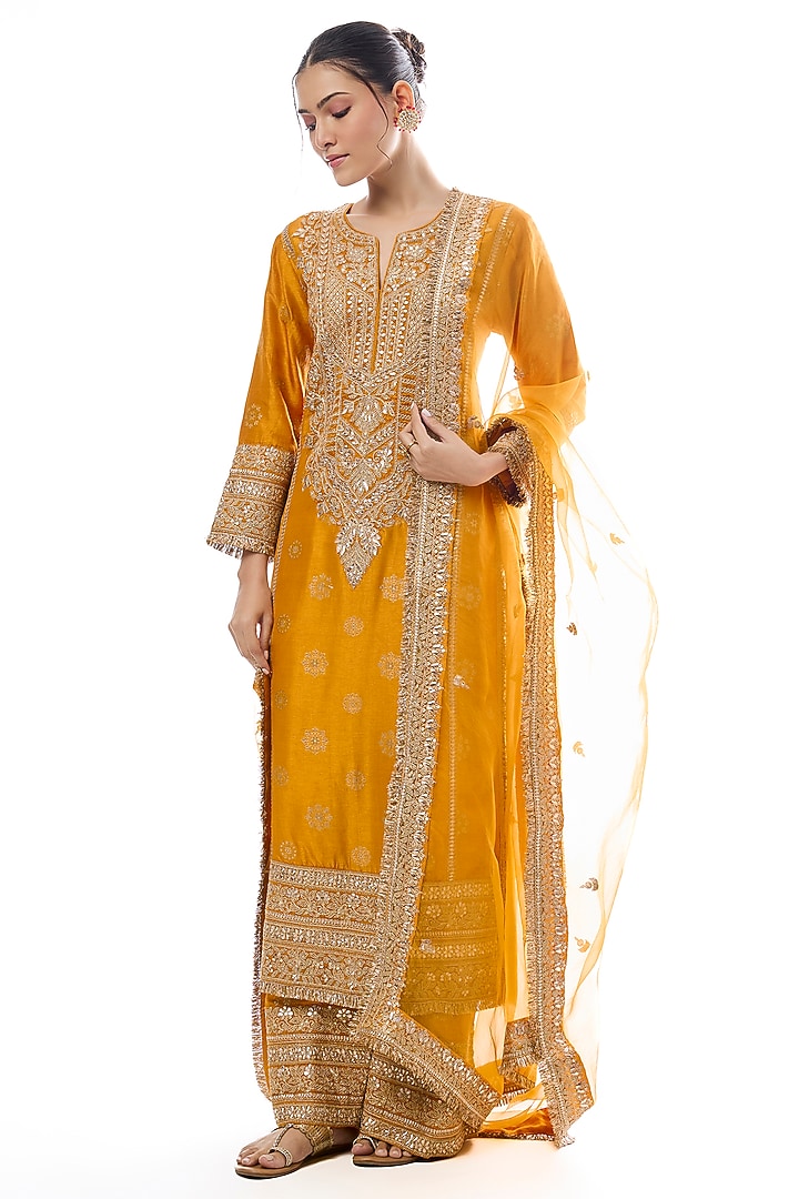 Yellow Tussar Motif Embroidered Kurta Set by GOPI VAID at Pernia's Pop Up Shop
