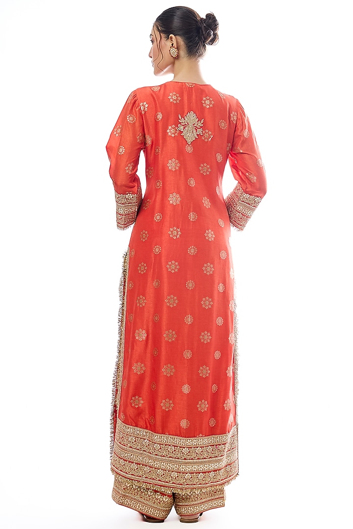Orange Tussar Motif Embroidered Kurta Set by GOPI VAID at Pernia's Pop Up Shop