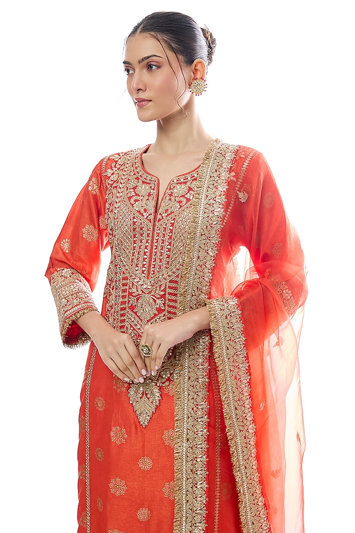 Orange Tussar Motif Embroidered Kurta Set by GOPI VAID at Pernia's Pop Up Shop