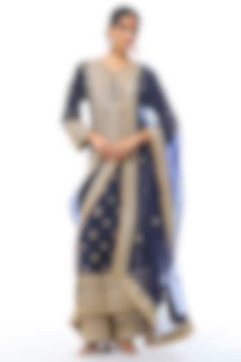 Navy Blue Tussar Embellished Kurta Set by GOPI VAID at Pernia's Pop Up Shop