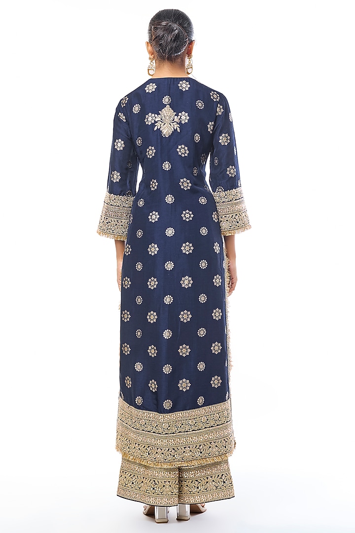 Navy Blue Tussar Embellished Kurta Set by GOPI VAID at Pernia's Pop Up Shop
