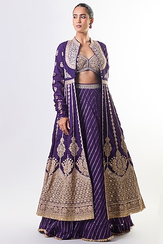 Purple Organza & Tussar Embroidered Jacket Lehenga Set by GOPI VAID