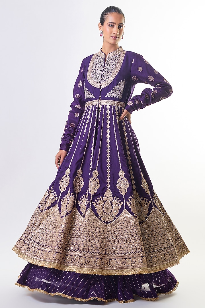 Purple Organza & Tussar Embroidered Jacket Bridal Lehenga Set by GOPI VAID at Pernia's Pop Up Shop