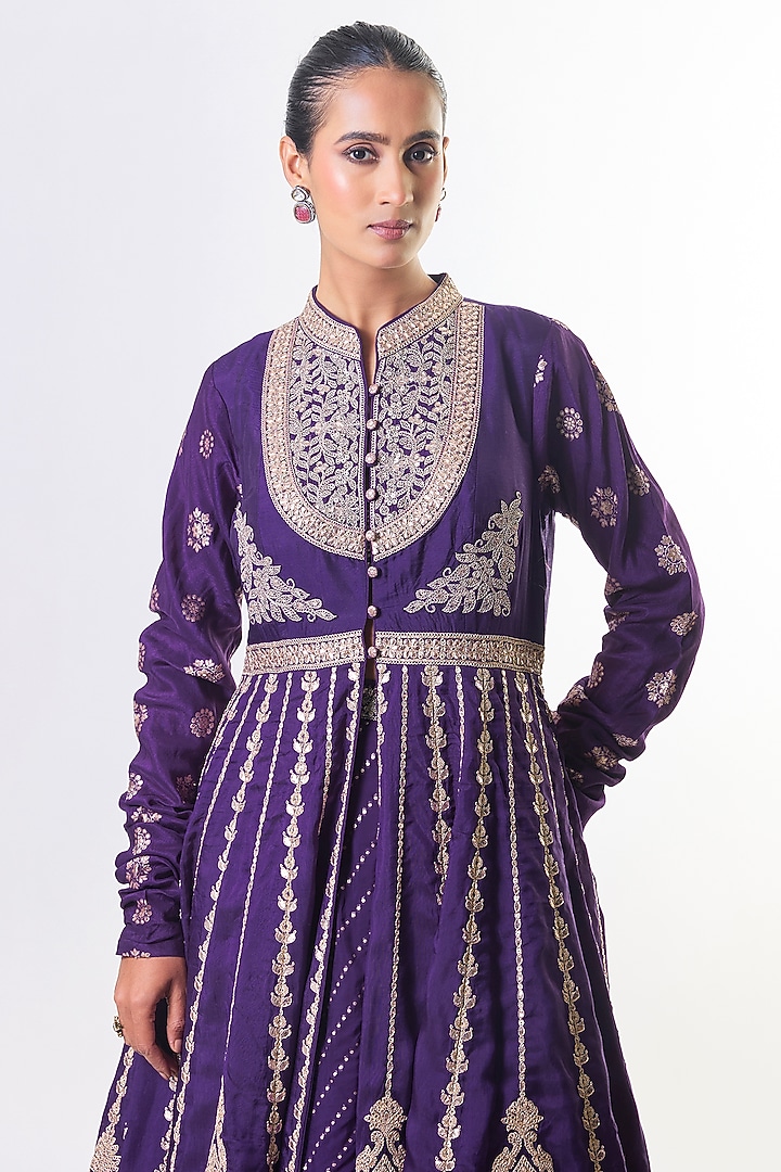 Purple Organza & Tussar Embroidered Jacket Bridal Lehenga Set by GOPI VAID at Pernia's Pop Up Shop
