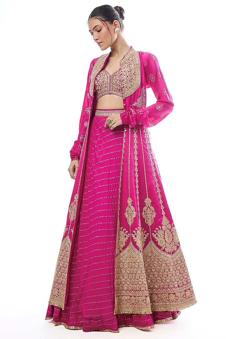 Pink Organza Embroidered Jacket Bridal Lehenga Set by GOPI VAID at Pernia's Pop Up Shop