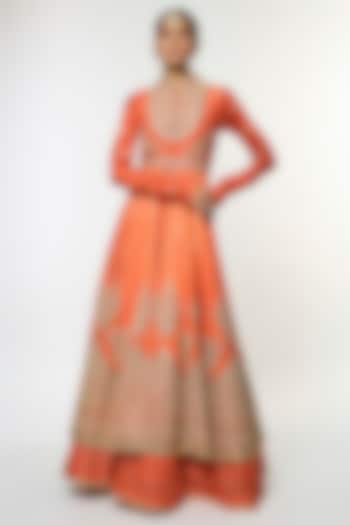 Orange Tussar & Organza Embroidered Jacket Bridal Lehenga Set by GOPI VAID at Pernia's Pop Up Shop