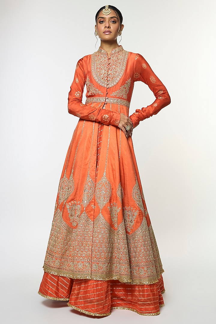 Orange Tussar & Organza Embroidered Jacket Bridal Lehenga Set by GOPI VAID at Pernia's Pop Up Shop