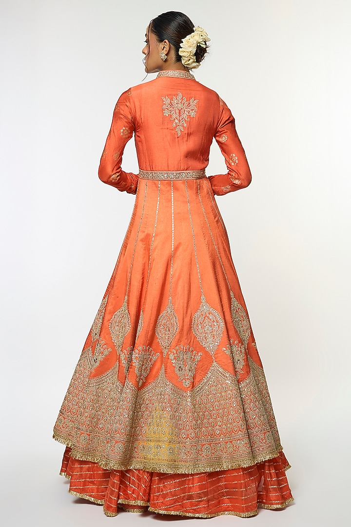 Orange Tussar & Organza Embroidered Jacket Bridal Lehenga Set by GOPI VAID at Pernia's Pop Up Shop