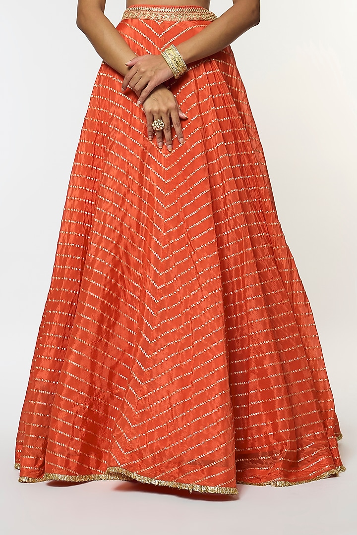 Orange Tussar & Organza Embroidered Jacket Bridal Lehenga Set by GOPI VAID at Pernia's Pop Up Shop