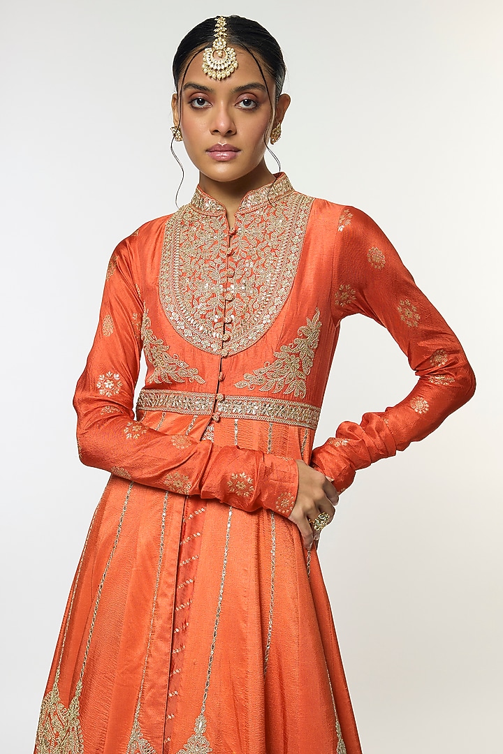 Orange Tussar & Organza Embroidered Jacket Bridal Lehenga Set by GOPI VAID at Pernia's Pop Up Shop