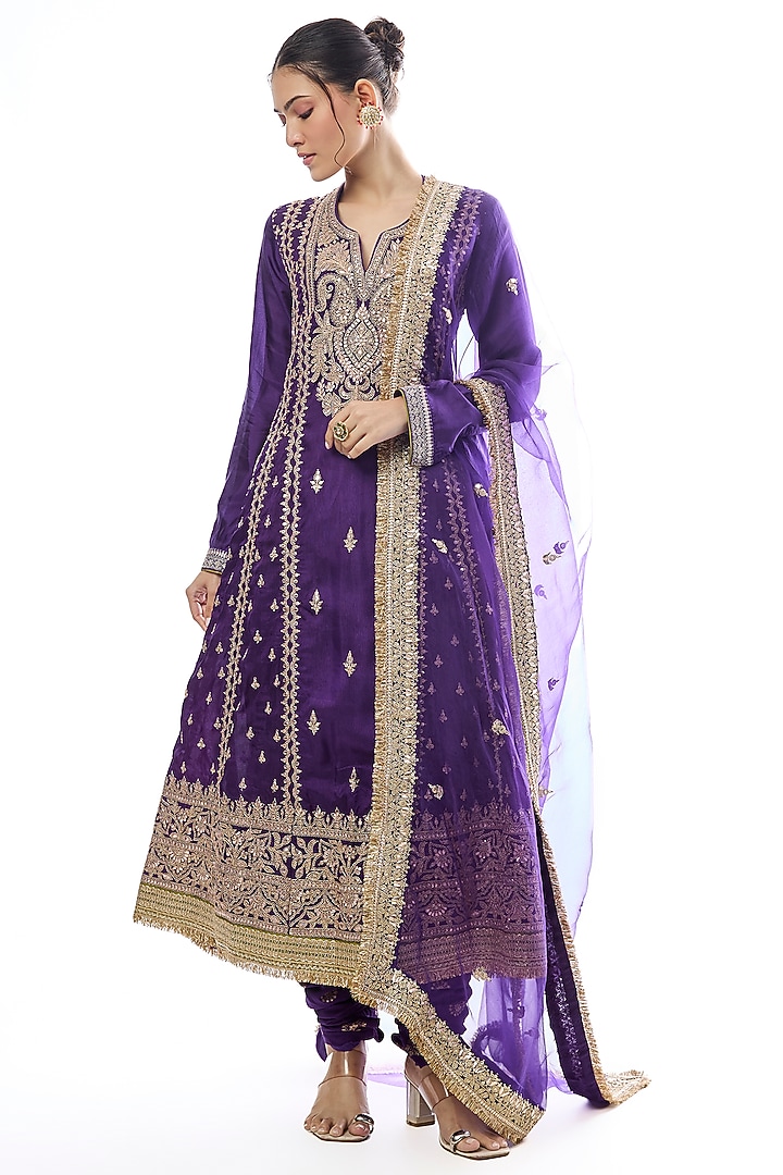 Purple Tussar Embroidered Wedding Anarkali Set by GOPI VAID at Pernia's Pop Up Shop