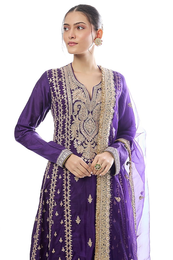 Purple Tussar Embroidered Wedding Anarkali Set by GOPI VAID at Pernia's Pop Up Shop