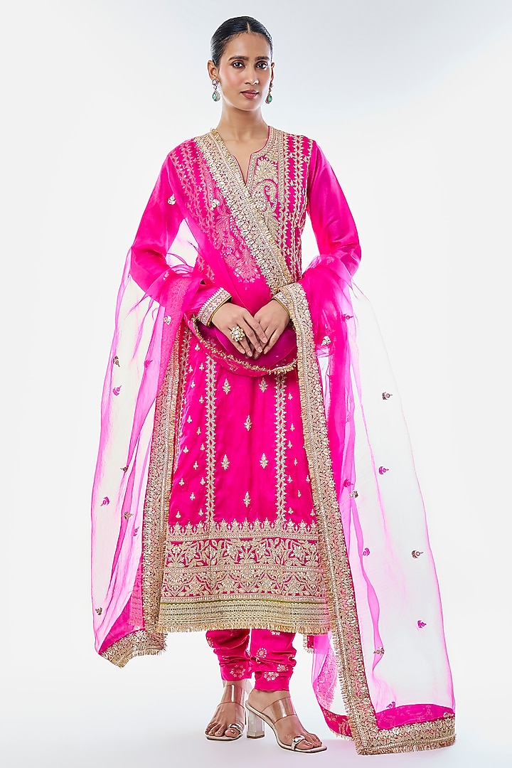 Pink Tussar Embroidered Kurta Set by GOPI VAID at Pernia's Pop Up Shop