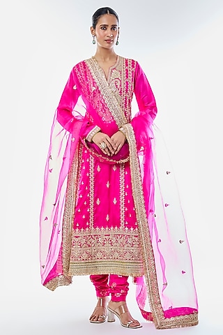 Pink Tussar Embroidered Kurta Set by GOPI VAID