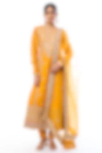 Yellow Tussar Embroidered Wedding Anarkali Set by GOPI VAID at Pernia's Pop Up Shop