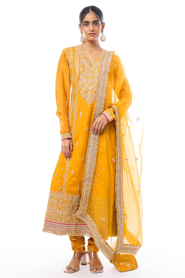 Yellow Tussar Embroidered Wedding Anarkali Set by GOPI VAID at Pernia's Pop Up Shop