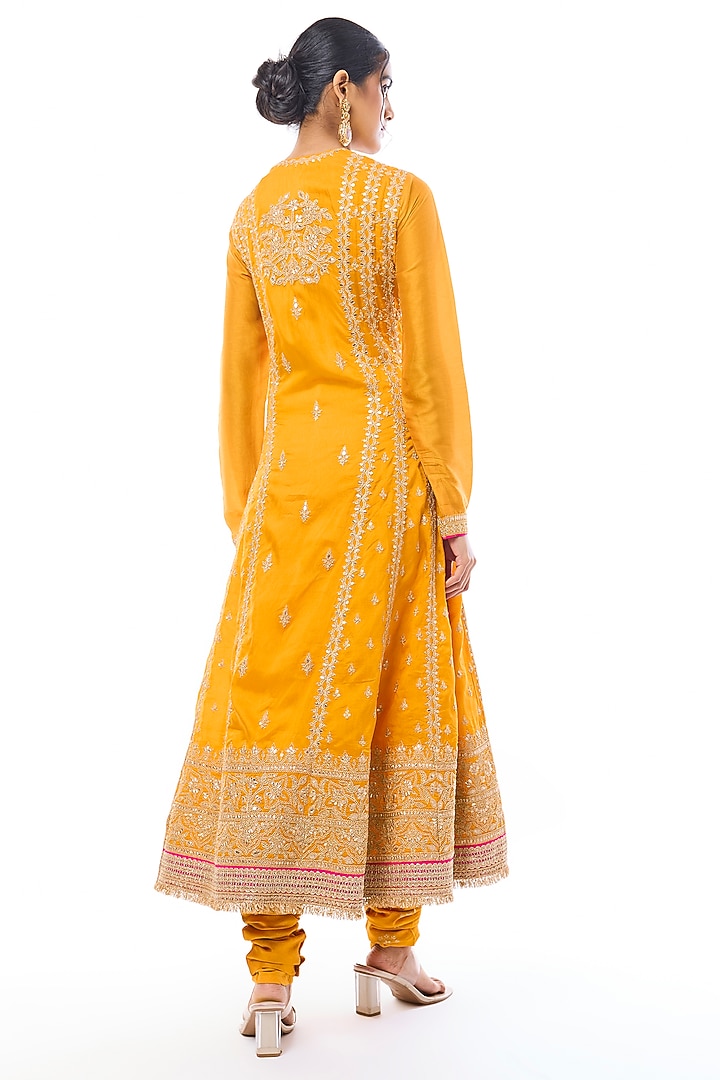 Yellow Tussar Embroidered Wedding Anarkali Set by GOPI VAID at Pernia's Pop Up Shop