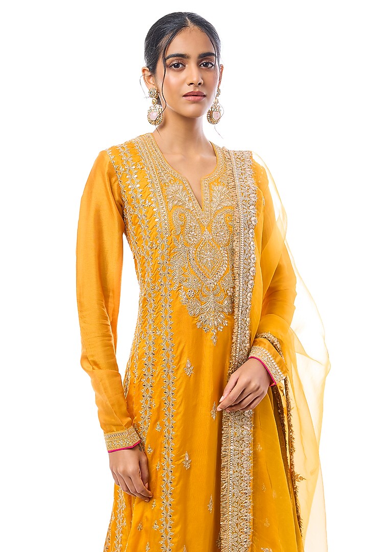 Yellow Tussar Embroidered Wedding Anarkali Set by GOPI VAID at Pernia's Pop Up Shop