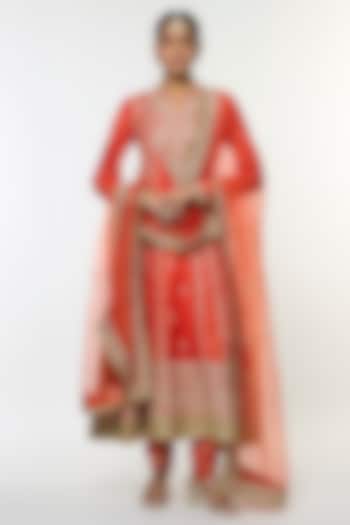 Orange Tussar Motif Embroidered Wedding Anarkali Set by GOPI VAID at Pernia's Pop Up Shop