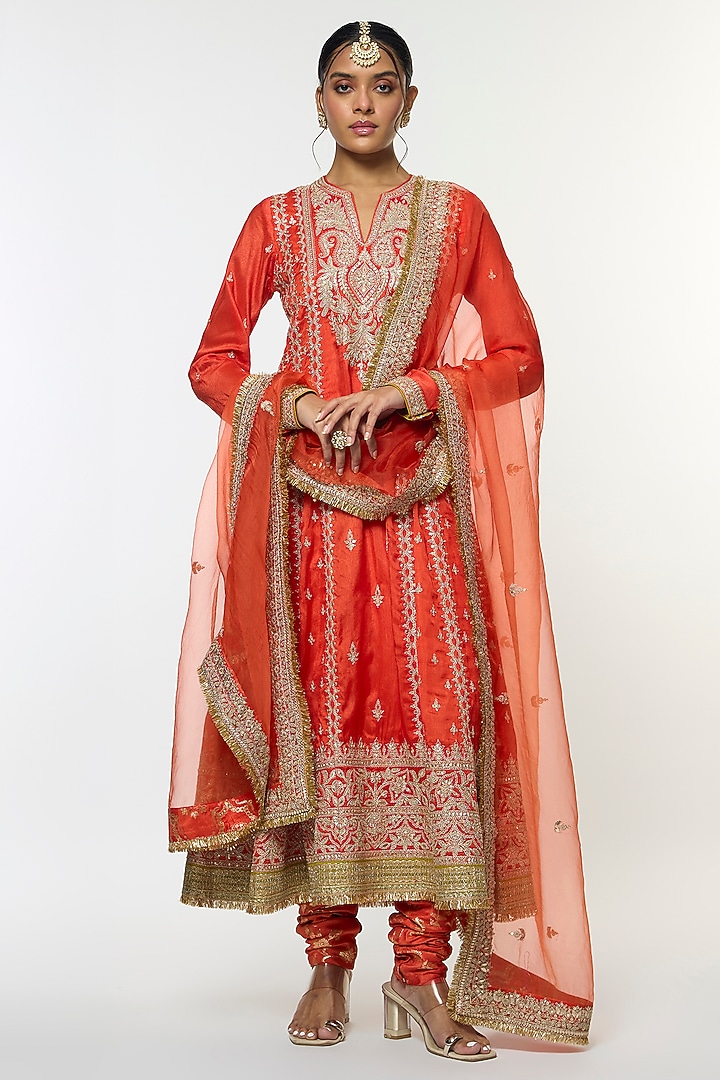Orange Tussar Motif Embroidered Wedding Anarkali Set by GOPI VAID at Pernia's Pop Up Shop