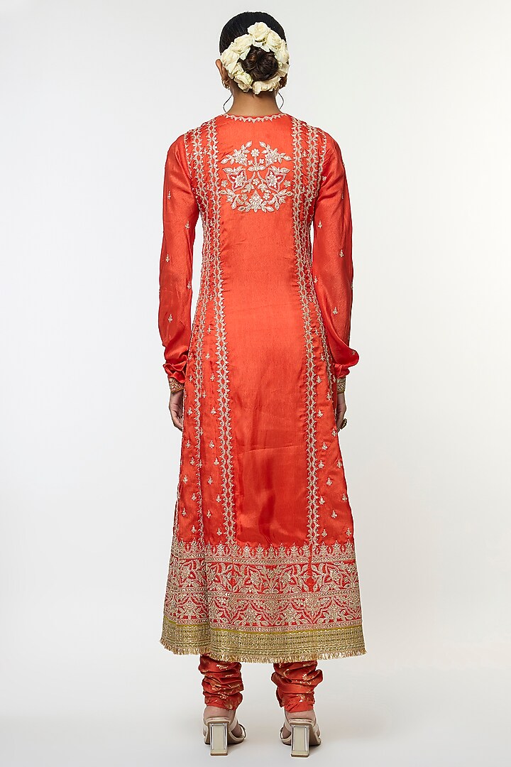 Orange Tussar Motif Embroidered Wedding Anarkali Set by GOPI VAID at Pernia's Pop Up Shop