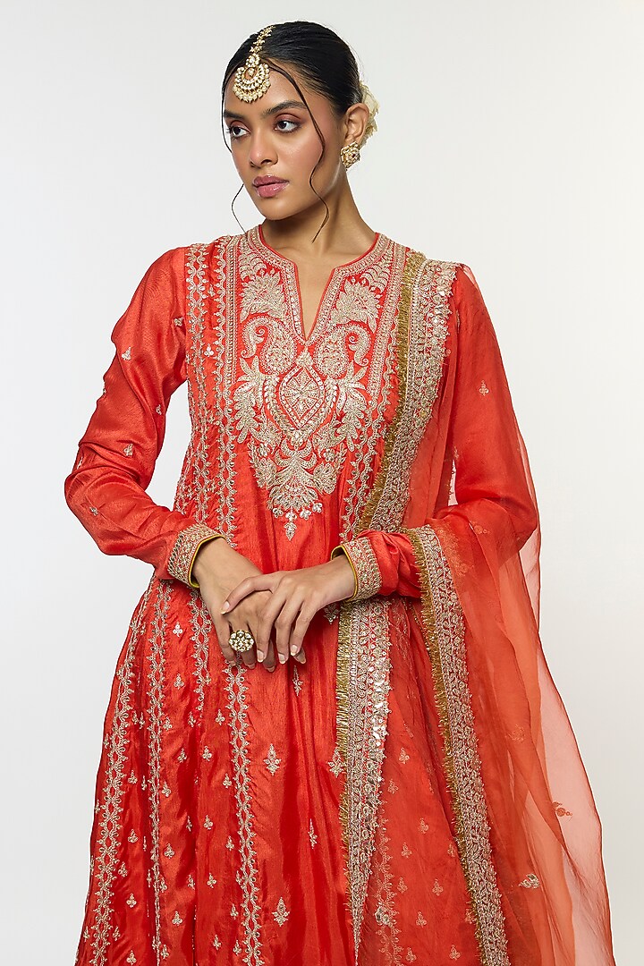 Orange Tussar Motif Embroidered Wedding Anarkali Set by GOPI VAID at Pernia's Pop Up Shop