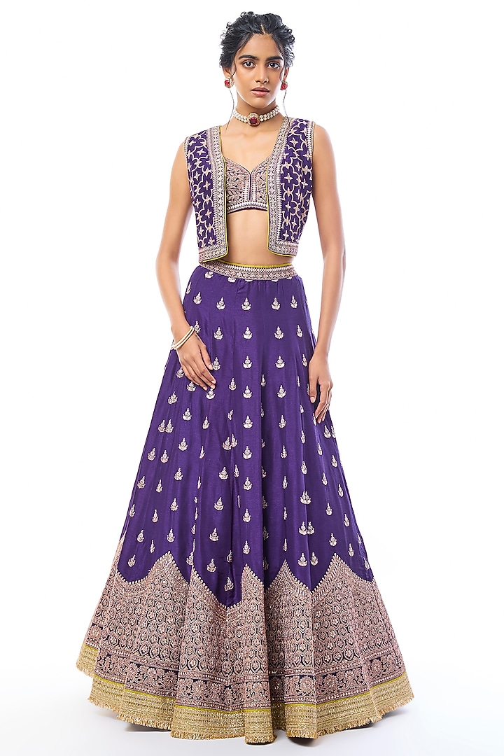 Purple Tussar Sequin Work Jacket Wedding Lehenga Set by GOPI VAID at Pernia's Pop Up Shop