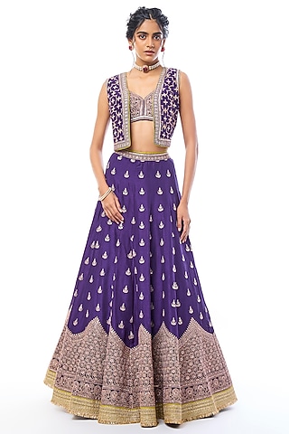 Purple Tussar Sequin Work Jacket Lehenga Set by GOPI VAID