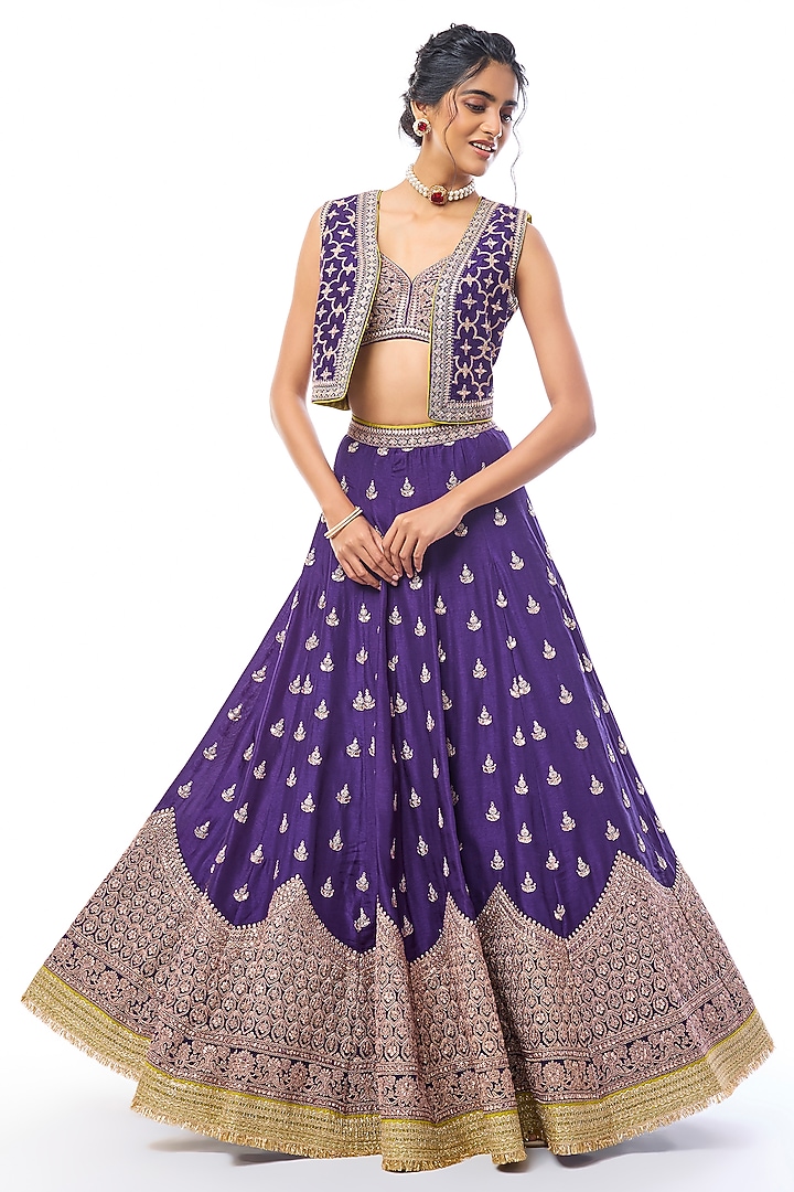 Purple Tussar Sequin Work Jacket Wedding Lehenga Set by GOPI VAID at Pernia's Pop Up Shop