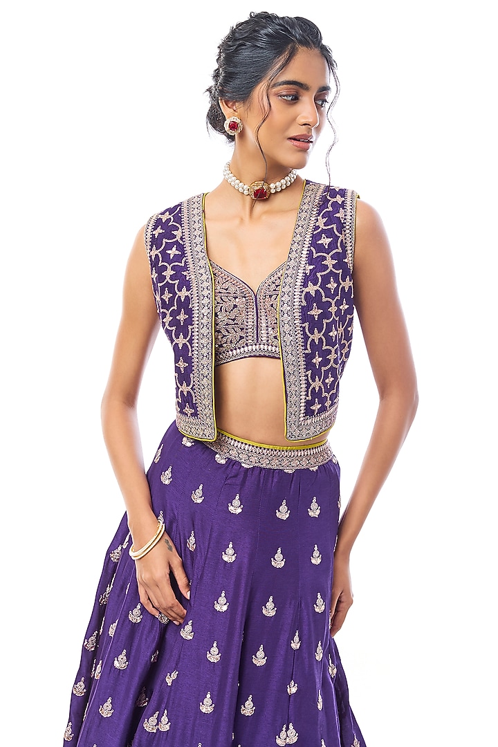 Purple Tussar Sequin Work Jacket Wedding Lehenga Set by GOPI VAID at Pernia's Pop Up Shop