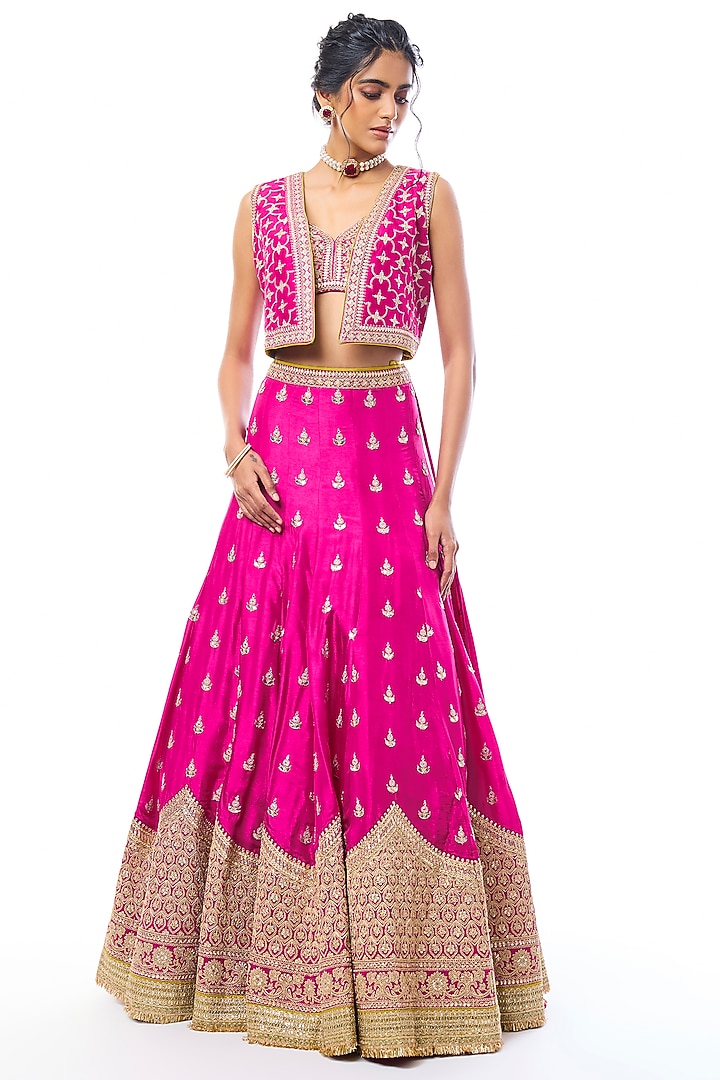 Rani Pink Tussar Sequin Work Jacket Wedding Lehenga Set by GOPI VAID at Pernia's Pop Up Shop