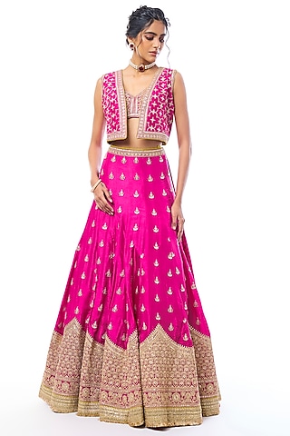 Rani Pink Tussar Sequin Work Jacket Lehenga Set by GOPI VAID