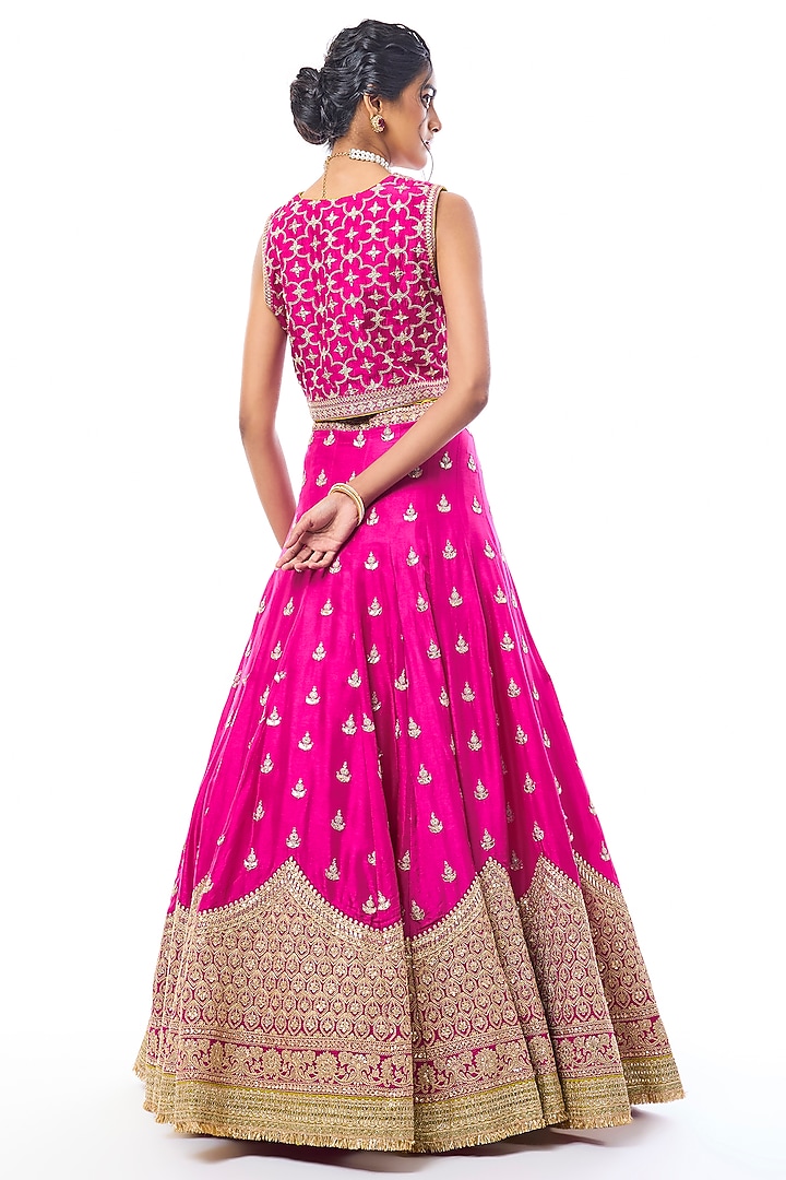 Rani Pink Tussar Sequin Work Jacket Wedding Lehenga Set by GOPI VAID at Pernia's Pop Up Shop