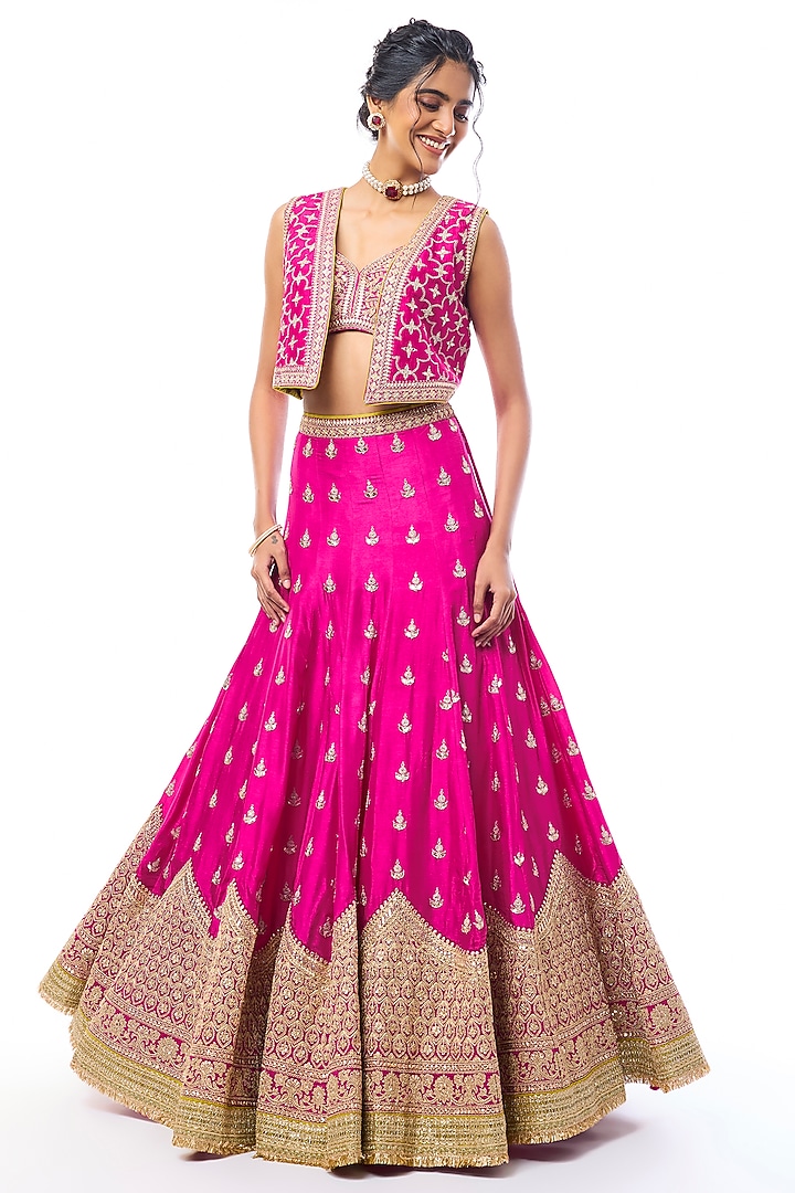 Rani Pink Tussar Sequin Work Jacket Wedding Lehenga Set by GOPI VAID at Pernia's Pop Up Shop