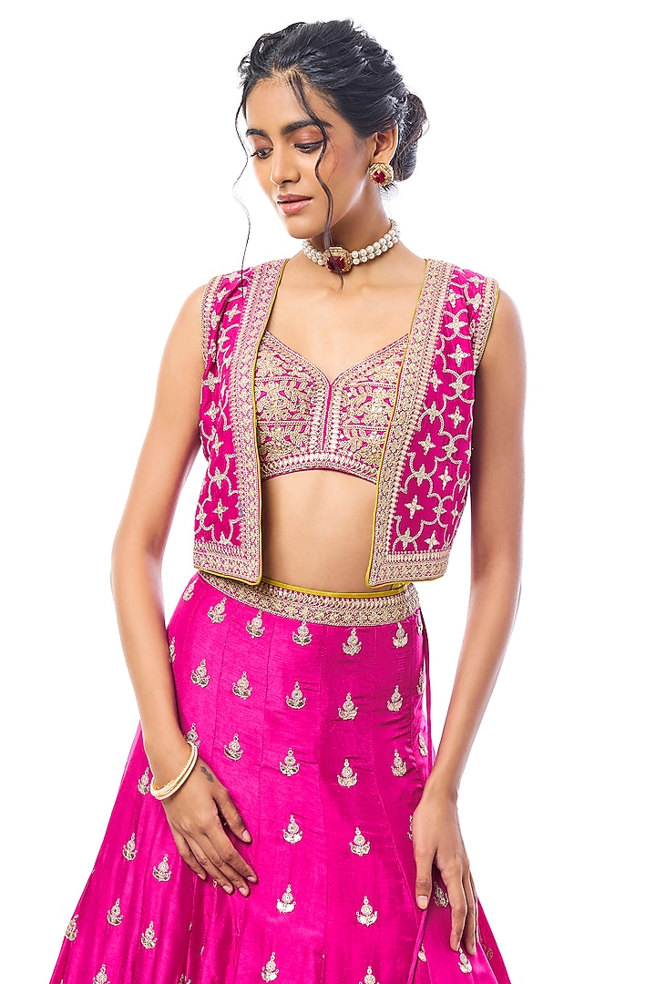 Rani Pink Tussar Sequin Work Jacket Wedding Lehenga Set by GOPI VAID at Pernia's Pop Up Shop