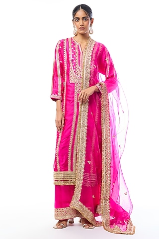 Rani Pink Tussar Embellished Straight Kurta Set by GOPI VAID
