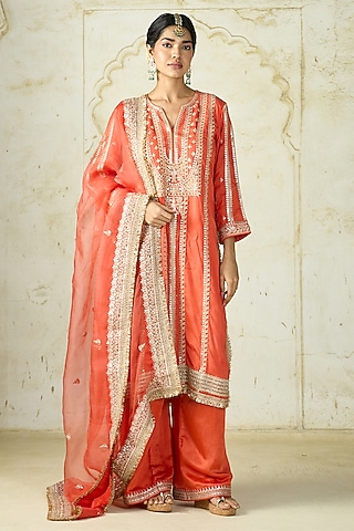 Orange Tussar Embroidered Straight Kurta Set by GOPI VAID
