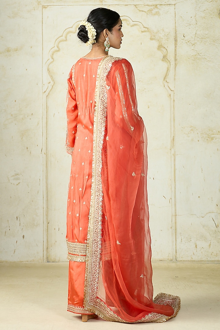 Orange Tussar Embroidered Straight Kurta Set by GOPI VAID at Pernia's Pop Up Shop