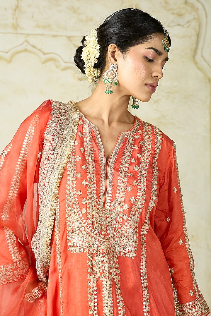 Orange Tussar Embroidered Straight Kurta Set by GOPI VAID at Pernia's Pop Up Shop